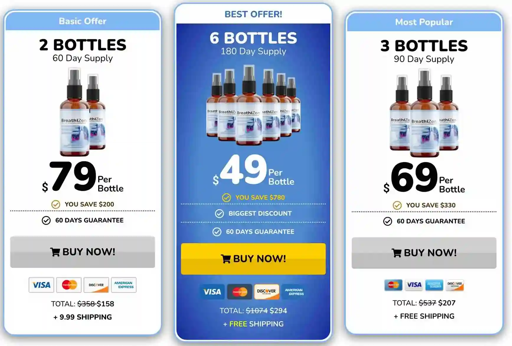 BreathiZen Pricing — 1, 3 or 6 Bottle Packages